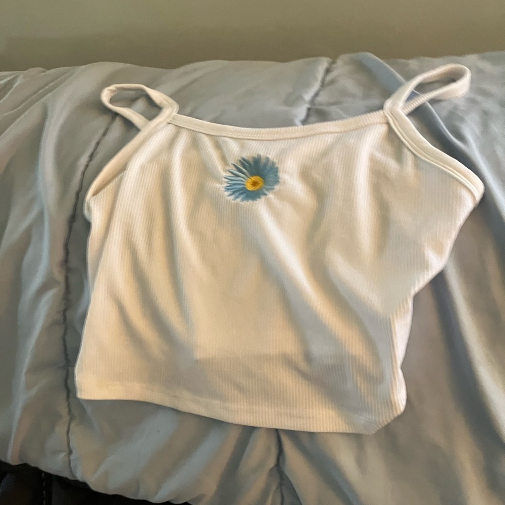 White Tank Top with Blue Flower Embroidery
